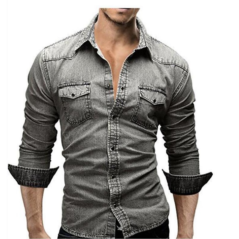 Men's Denim Shirt Light Grey Dark Gray Light Blue Long Sleeve Solid Colored Turndown Vacation Casual Button-Down Clothing Apparel Polyester Fashion Casual Breathable Comfortable3