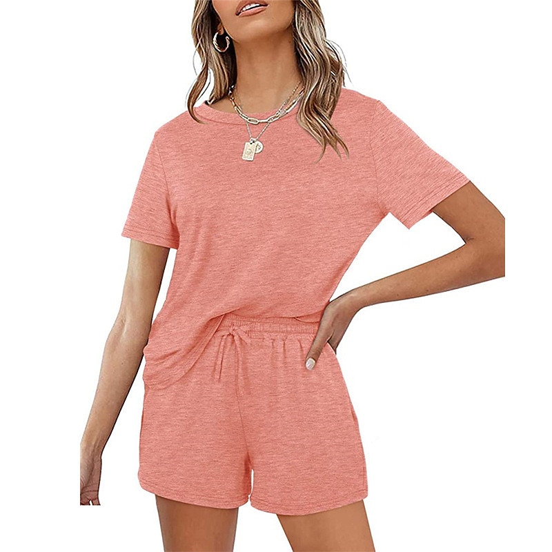 Women's Loungewear Nighty Sets 2 Pieces Pure Color Simple Comfort Home Street Cotton Crew Neck Short Sleeve T shirt Tee Shorts Summer Spring Home Outfits2