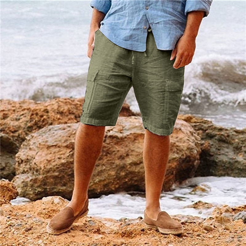 Men's Shorts Linen Shorts Summer Shorts Beach Shorts Drawstring Multi Pocket Plain Comfort Soft Knee Length Casual Daily Streetwear Classic Style White Army Green3
