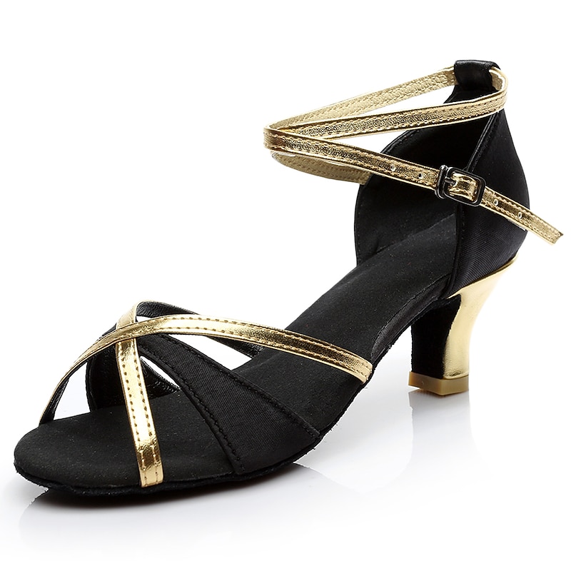Women's Black and Gold Satin Dance Shoes with Soft Suede Sole – Strappy High Heel Sandals for Ballroom, Salsa, and Latin Dance