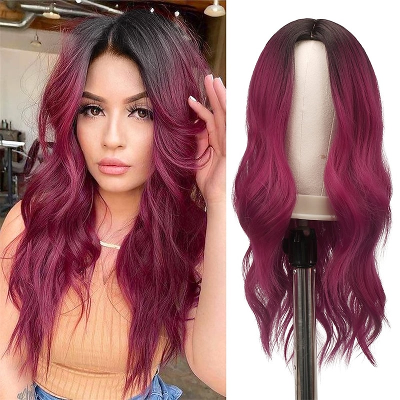 Long Wavy Wine Red Wigs for Women 22 inch Black to Burgundy Wavy Full Wig Middle Parting Wigs Natural Looking Synthetic Wig for Daily Party Halloween Cosplay Party Wigs