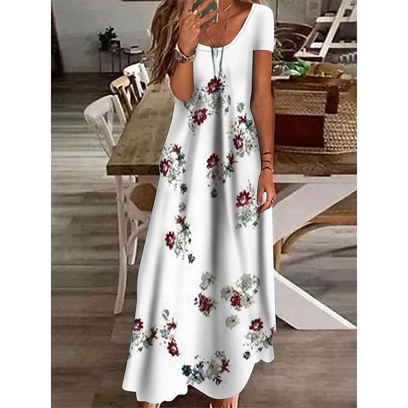 Women's Maxi Dress Casual Dress Shift Dress Long Dress White Blue Green Short Sleeve Floral Print Spring Summer Crew Neck Basic Daily Vacation Summer Dress 2023 S M L XL XXL 3XL2