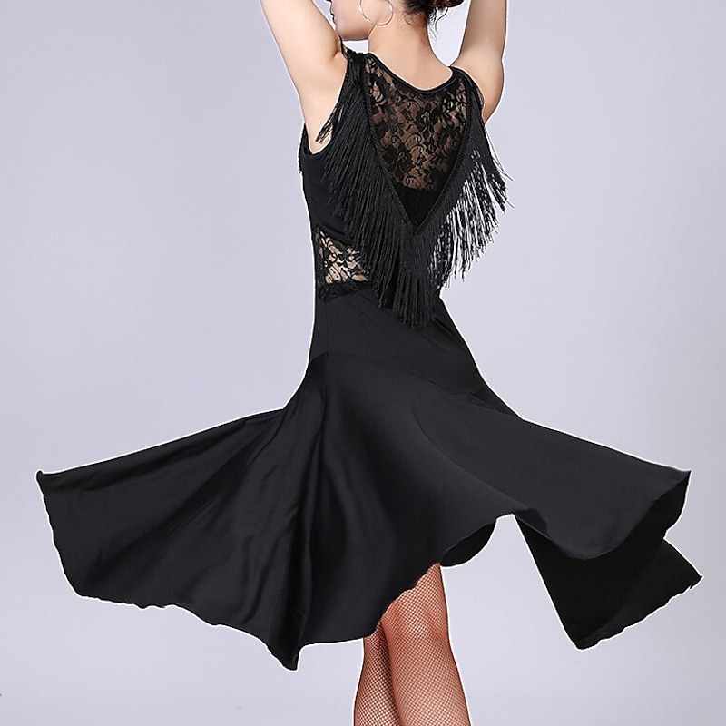 Latin Dance Dress Lace Fringed Tassel Women's Training Performance Sleeveless High Spandex Polyester