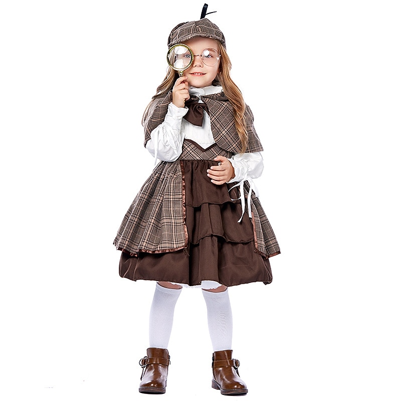 Detective Cosplay Costume Outfits 5 Pieces Girls' Movie Cosplay Cosplay Halloween Brown Dress Shawl Glasses Halloween Carnival Masquerade Cotton World Book Day Costumes