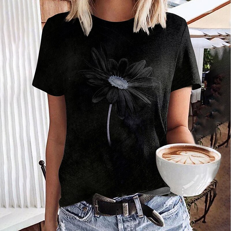 Women's T Shirt Basic Floral Print Short Sleeve Regular Tops Round Neck Casual Holiday Weekend Black Gray2