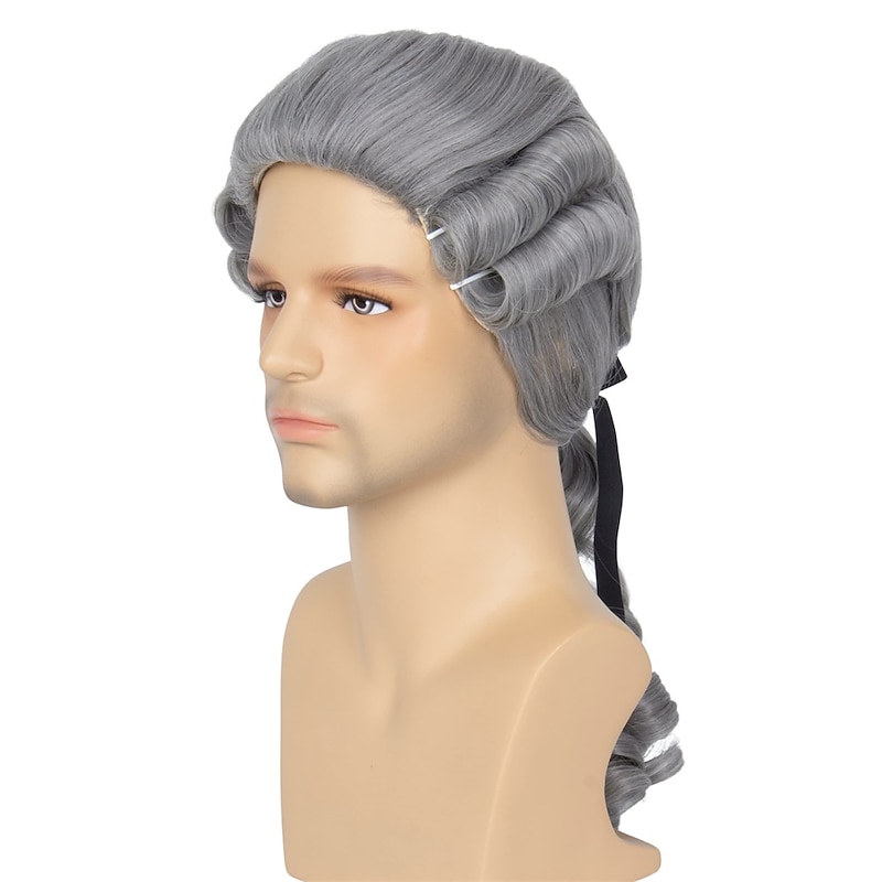 Hair Grey Colonial Wig Mens Powdered Wig for Cosplay Judge Lawyer Wig   Funny Wigs Halloween Wigs2