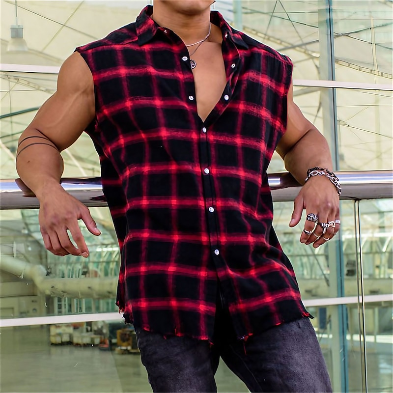 Men's Shirt Summer Shirt Plaid Shirt Button Up Shirt Checked Shirts Yellow Red Blue Sleeveless Plaid / Check Turndown Outdoor Street Button-Down Clothing Apparel Fashion Casual Breathable Comfortable