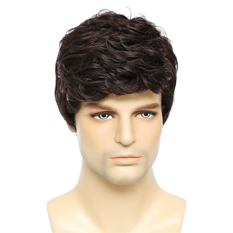 Men's Wig Short Dark Brown Wigs Heat Resistant Synthetic Layered Natural Hair Cosplay  for Men Male Guy Halloween Wigs2