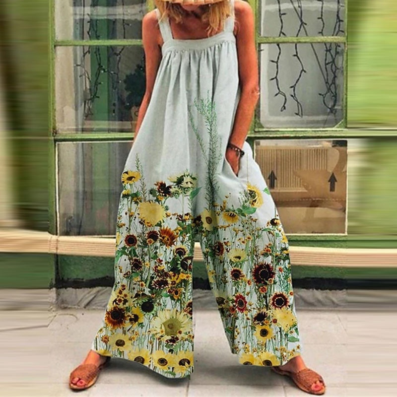 Women's Normal Overall Holiday Floral Sleeveless Wide Leg Square Neck Pocket Print Street Daily Regular Fit Yellow Light Green Pink Summer4