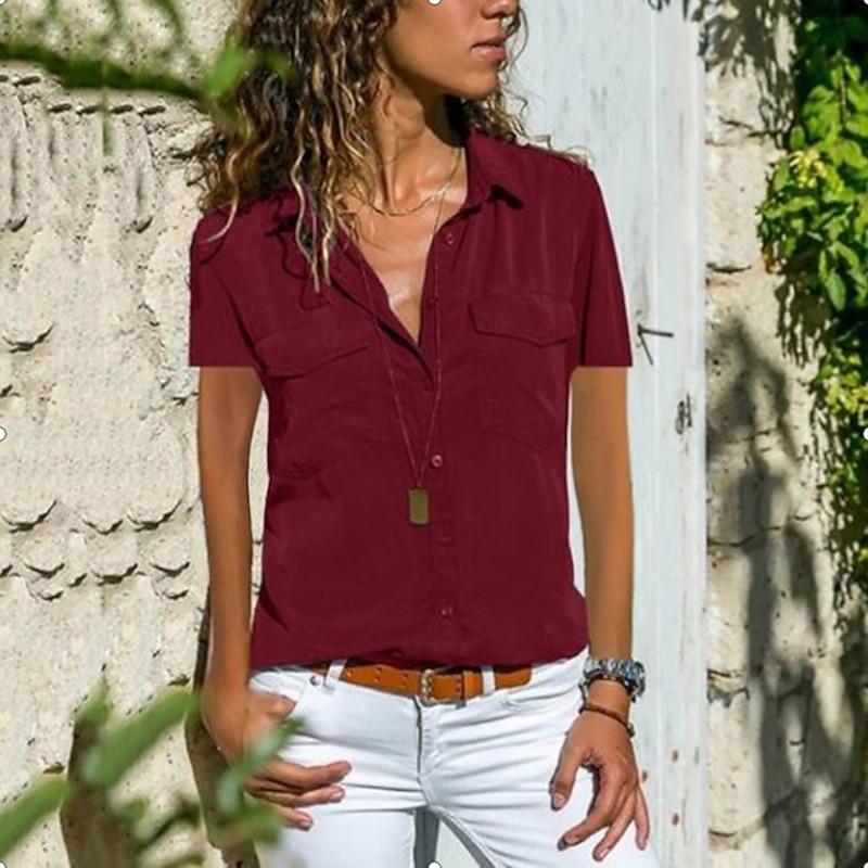 Women's Blouse Pocket Solid Colored Daily Shirt Collar T-shirt Sleeve Light Summer Blue Black Purple Dark Red Pink3