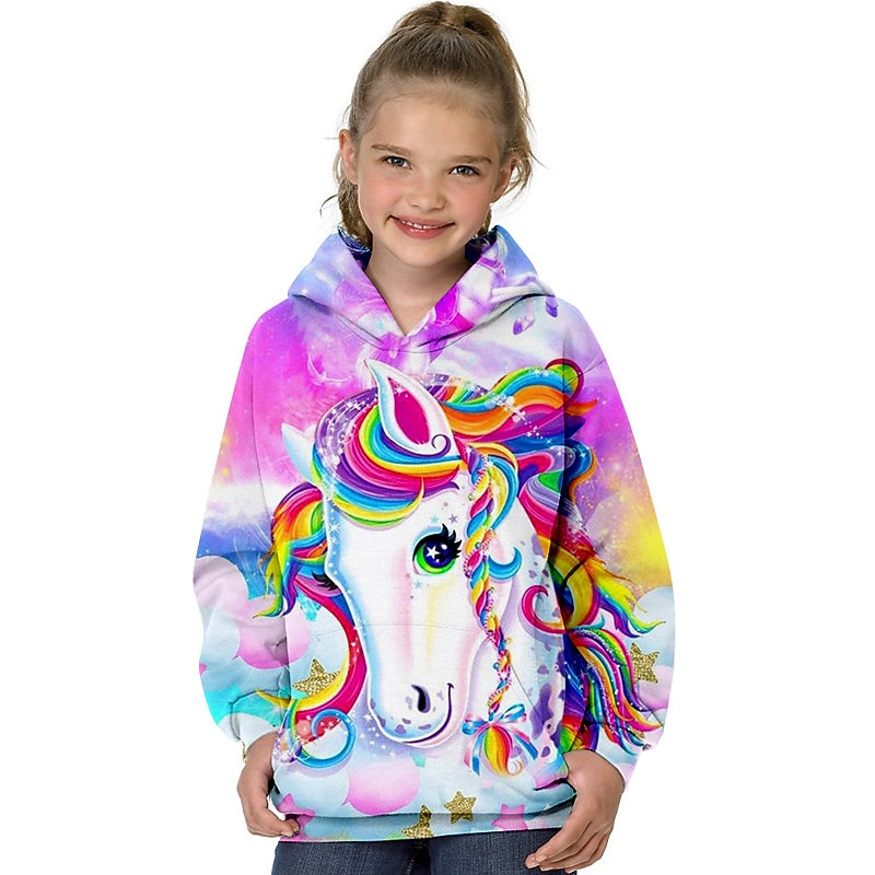 Girls' 3D Animal Unicorn Hoodie Long Sleeve 3D Print Spring Fall Fashion Streetwear Adorable Kids 3-12 Years Outdoor Daily Indoor Regular Fit
