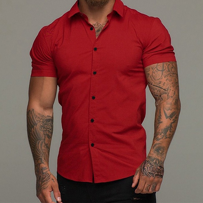 Men's Shirt Summer Shirt Button Up Shirt Black White Red Blue Green Short Sleeve Plain Collar 3D Print Outdoor Casual Clothing Apparel Casual Slim Fit2