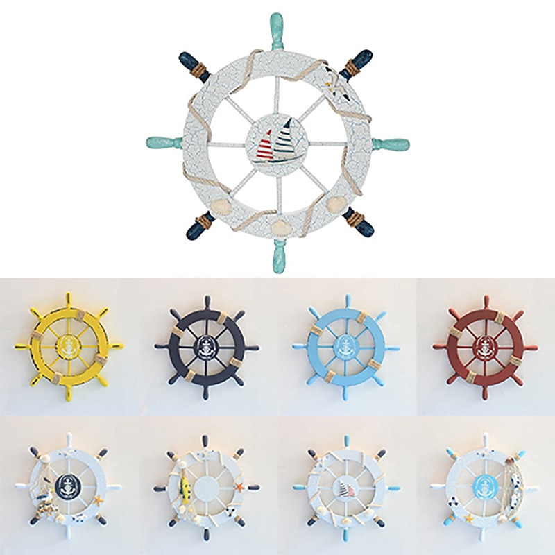 Beach Wooden Boat Ship Steering Wheel Wall Accent Wall Hanging Door Hanging Ornament Wall Decor Home Decoration 28*28CM