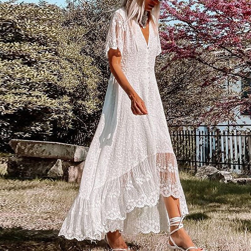 Women's Midi Dress Party Dress Swing Dress Elegant Mature Outdoor Holiday Going out Regular Fit Pure Color Short Sleeve V Neck White Summer Spring2