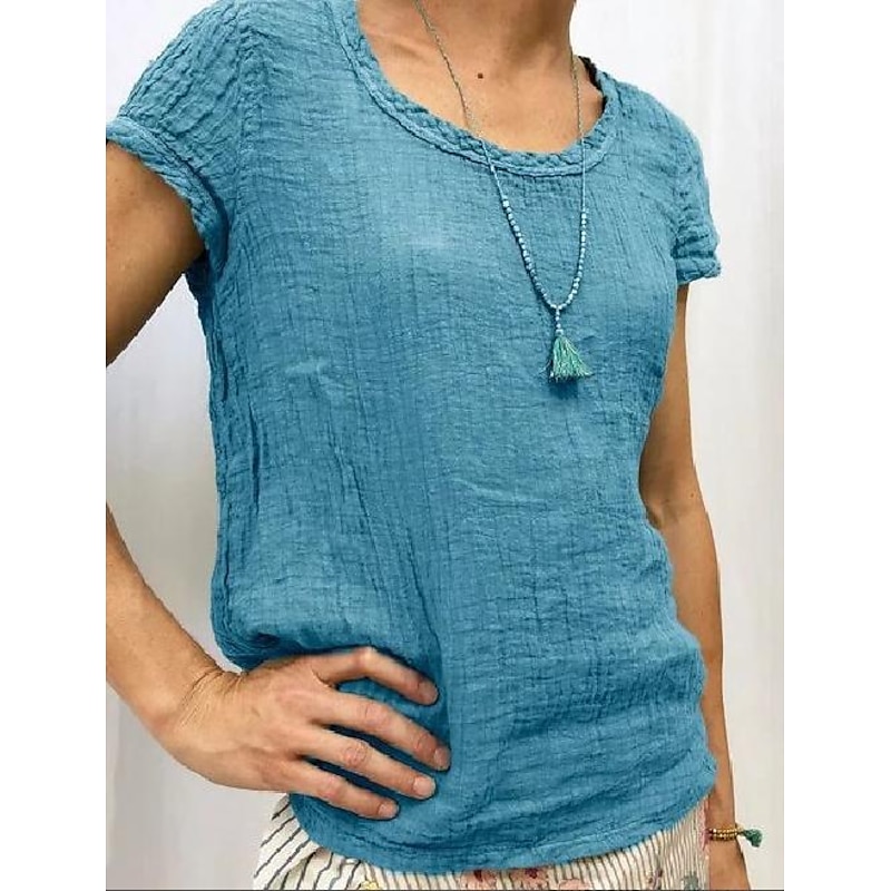 Women's Shirt Blouse Cotton Linen Shirts Plain Basic Short Sleeve Round Neck Regular Tops Casual White Pink Sky Blue Green Light Grey 8