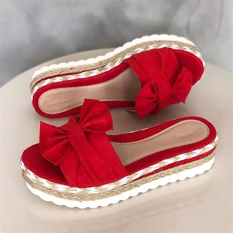 Women's White Bow Espadrille Platform Sandals – Casual Summer Slide-On Wedges with Braided Jute Sole2