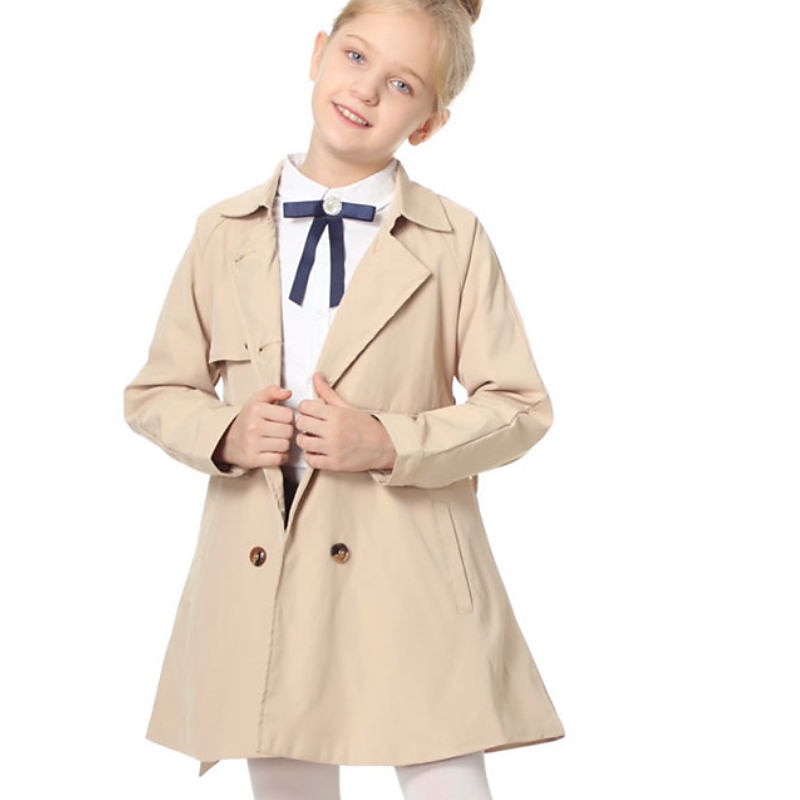 Kids Girls' Trench Coat Outerwear Plain Long Sleeve Pocket Coat Daily Cotton Active Adorable Khaki Fall Spring 2-12 Years3