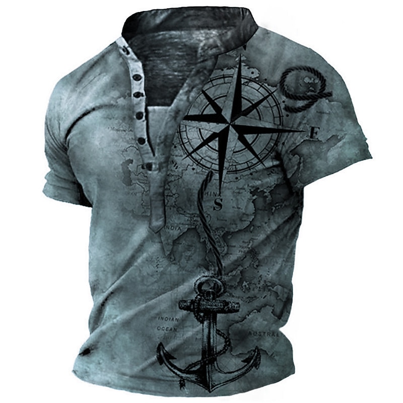 Summer Brown Compass And Anchor T shirt Tee Henley Shirt Tee Graphic Anchor Compass Stand Collar Clothing Apparel 3D Print Plus Size Outdoor Daily Short Sleeve Button-Down Print2