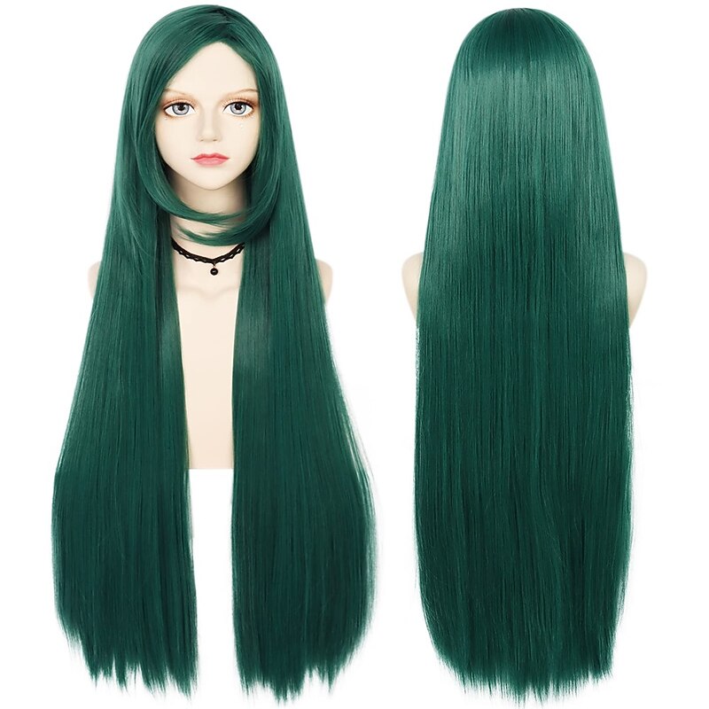 100cm Long Dark Green Wig with Bangs Straight Cosplay Wig for Women Girl Men Boys Synthetic Hair Wig Party Costume for Anime  Halloween Wig St.Patrick's Day Wigs