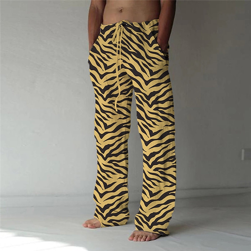 Men's Trousers Summer Pants Beach Pants Elastic Drawstring Design Front Pocket Straight Leg Leopard Graphic Prints Comfort Soft Casual Daily Fashion Classic Style Black Yellow