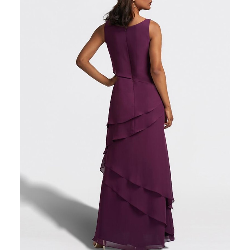 Two Piece A-Line Mother of the Bride Dress Wedding Guest Elegant Jewel Neck Floor Length Chiffon Sleeveless Wrap Included with Cascading Ruffles Solid Color3