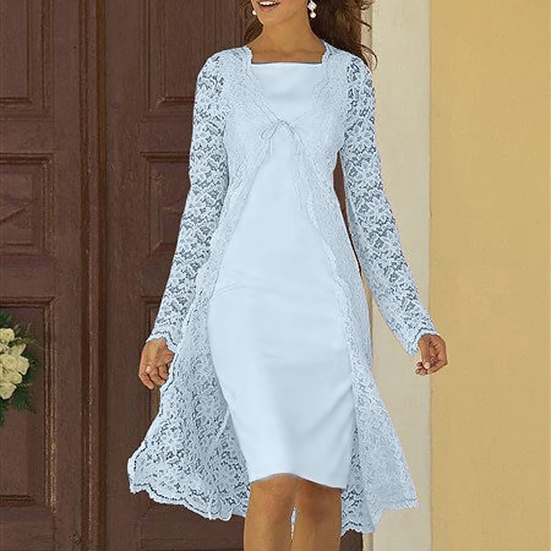 Beach Wedding Two Piece Sheath Mother of the Bride Dress Wedding Guest Church Elegant Square Neck Knee Length Chiffon Lace Sleeveless Jacket Dresses with Solid Color4