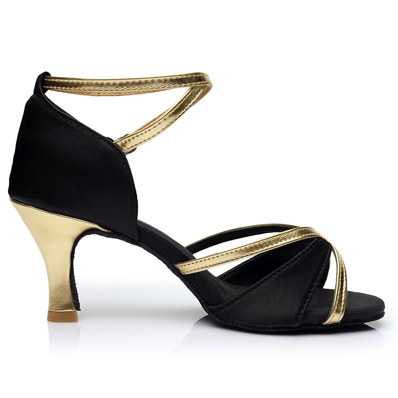 Women's Black and Gold Satin Dance Shoes with Soft Suede Sole – Strappy High Heel Sandals for Ballroom, Salsa, and Latin Dance4