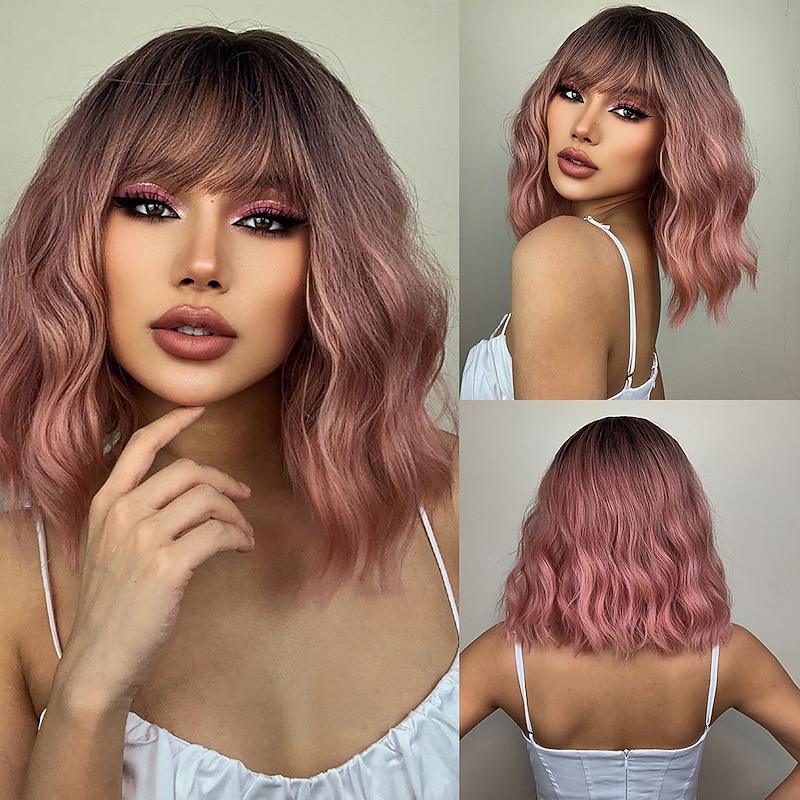 HAIRCUBE BOB Wigs Pink Water Wave Coaplay Wigs With Bangs Brown Auburn Short BOB Wigs For African American Women