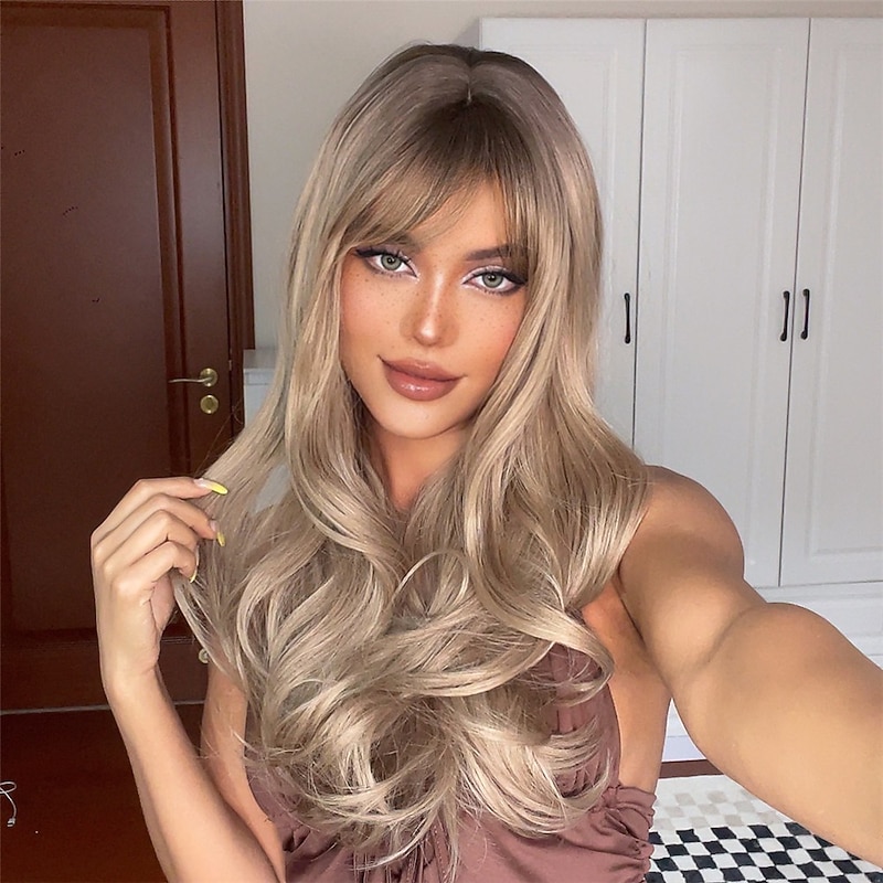 HAIRCUBE Ombre Brown Long Wavy Wigs With Bangs Auburn Black Blonde White Wave Natural Hairline Wigs For Women barbiecore Wigs2