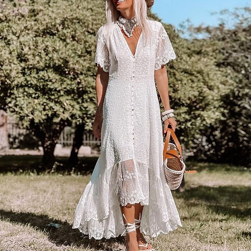 Women's Midi Dress Party Dress Swing Dress Elegant Mature Outdoor Holiday Going out Regular Fit Pure Color Short Sleeve V Neck White Summer Spring3