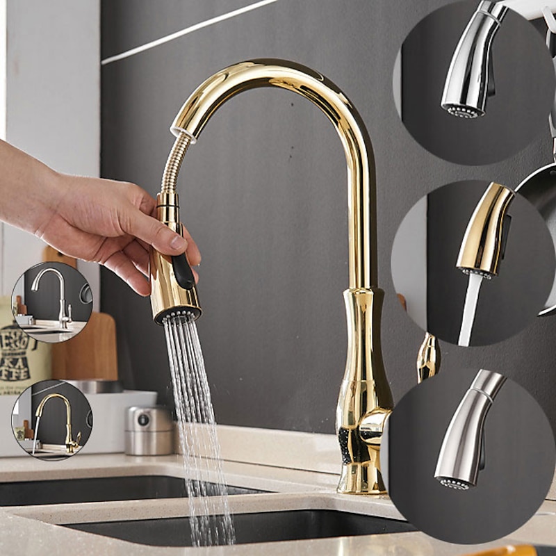 Kitchen Faucet with Sprayer Vessel Installation Nickel Brushed/Electroplated One Hole Widespread Pull Out/High Arc, Brass Kitchen Faucet Contain with Cold and Hot Water