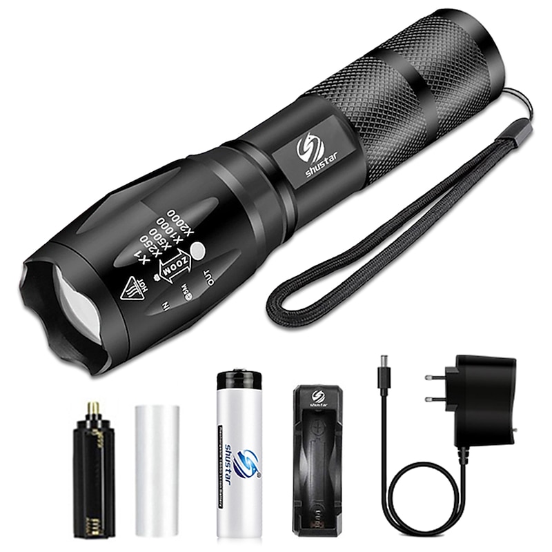 LED Flashlight Ultra Bright Torch L2/V6 Camping Light 5 Switch Modes Waterproof Zoomable Torch Light Emergency Use 18650 Battery