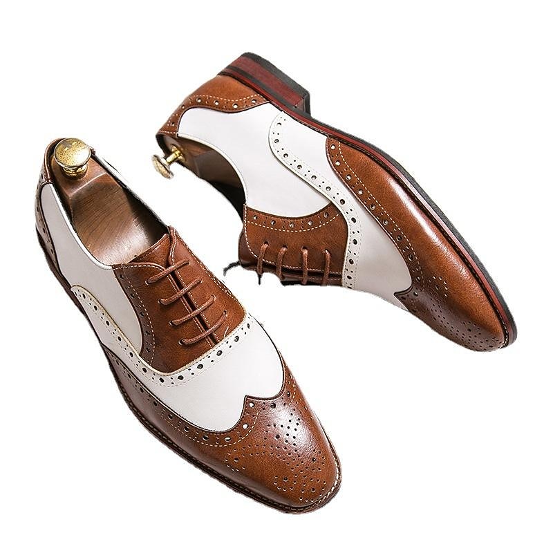 Men's Classic White and Brown Wingtip Oxford Brogue Spectator Shoes, Genuine Leather Gatsby-Inspired 1920s Vintage Dress Shoes for Wedding, Jazz Party, and Formal Events2