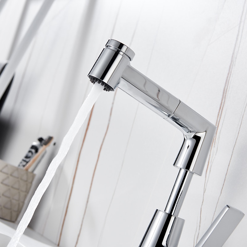 Bathroom Sink Faucet with Pull Out Spray,Brass Liftable 3-modes Electroplated / Painted Finishes Centerset Single Handle One Hole Lavatory Rotating Spout for Cold and Hot Water Bath Taps2