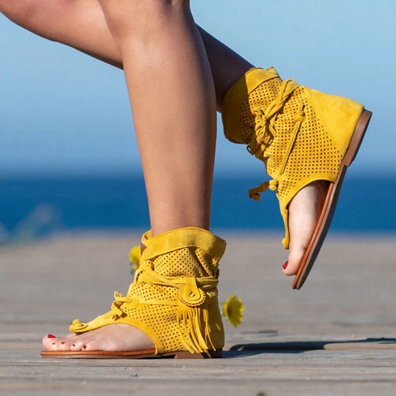 Women's Yellow Suede Lace-Up Gladiator Sandals with Perforated Design, Ideal for Summer Outings and Beach Vacations3