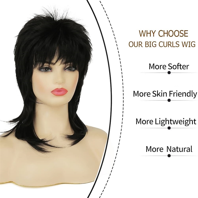 Short Black Wig Shaggy Layered Wig 80s Mullet Wig for Women Black Curly Wig Heat Resistant Cosplay Daily Hair Wigs Halloween Wigs3