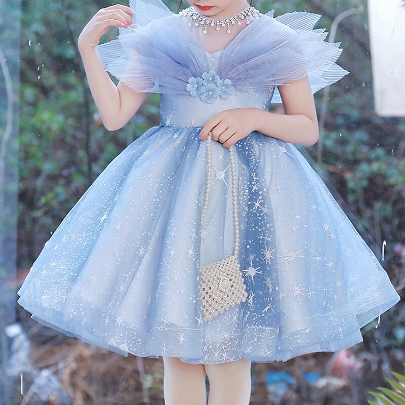 Kids Girls' Dress Sequin Short Sleeve Performance Party Mesh Sparkle Bow Princess Sweet Cotton Tulle Asymmetrical A Line Dress Tulle Dress Summer Spring 3-12 Years Blue3