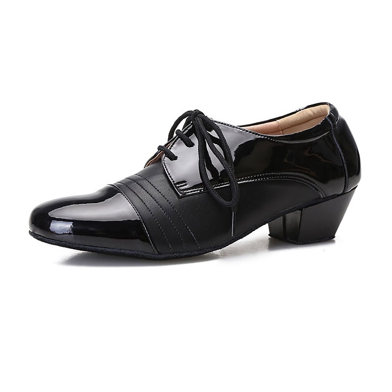 Men's Black Patent Leather Ballroom Dance Shoes – Latin Tango Performance Lace-Up Shoes with Low Heel