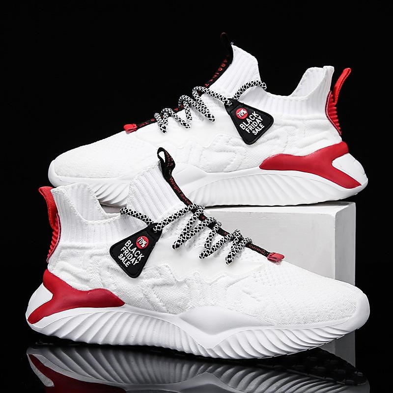 White Men's Athletic Sneakers with Red Accents and Lace-Up Closure for Comfortable and Stylish Sportswear