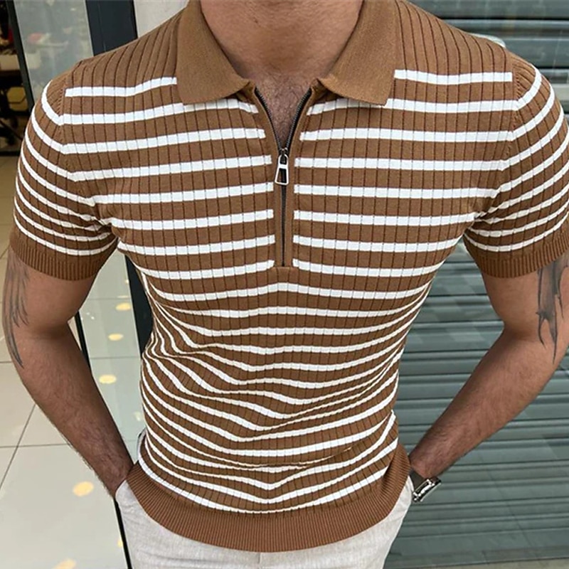 Men's Polo Shirt Golf Shirt Street Casual Zip Quarter Zip Short Sleeve Fashion Designer Striped Zipper Quarter Zip Summer Spring Fall Regular Fit Brown Polo Shirt3