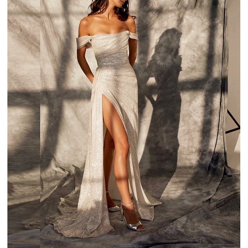 Beach Wedding Mermaid Evening Gown Sequin Dress Wedding Guest Prom Sweep / Brush Train Short Sleeve Off Shoulder Fall Wedding Reception Satin with Slit Masquerade Dress3