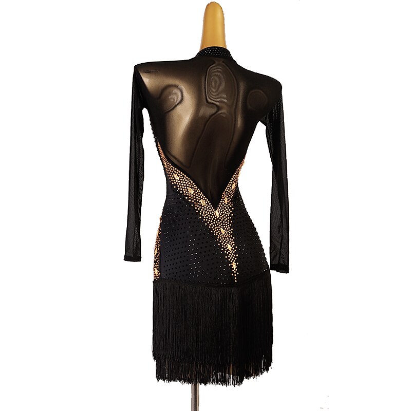 Latin Dance Dress Tassel Crystals / Rhinestones Women's Performance Long Sleeve Chinlon Mesh2
