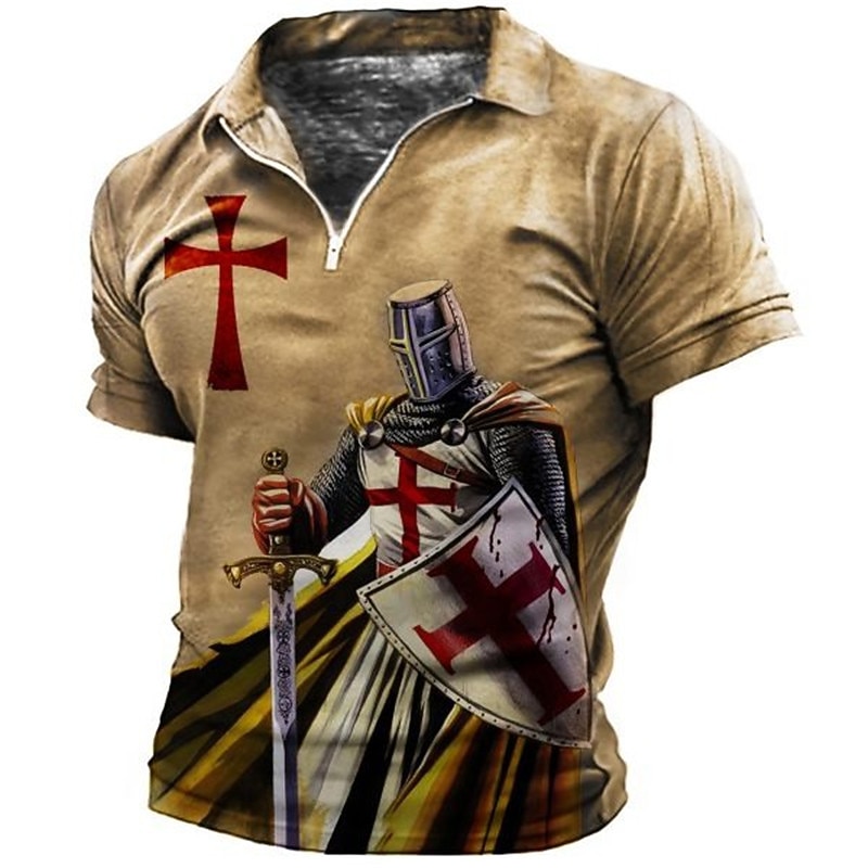 Men's Knights Templar Zip Polo Shirts Golf Shirt Short Sleeve Polo Shirts Collared Shirts Vintage Casual Vacation Wear Festival Wear Party Outfits 3D Print Quarter Zip Polo Blue Green Khaki