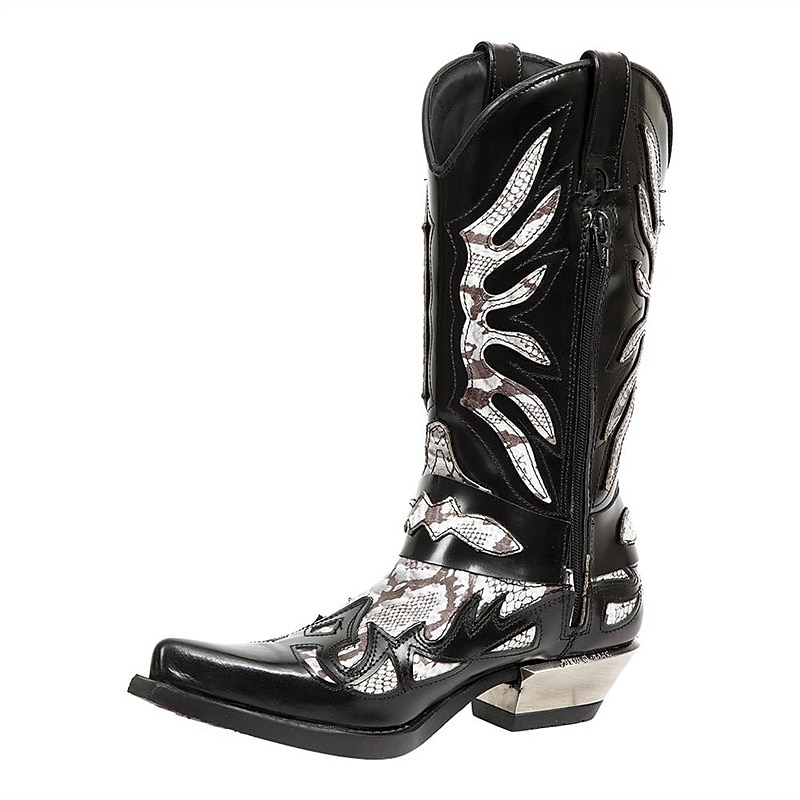 Men's Gothic Cowboy Boots - Black and Silver Snakeskin Faux Leather Western Boots with Flame Cutout Design and Metal Heel for Rock, Biker, and Party Events2