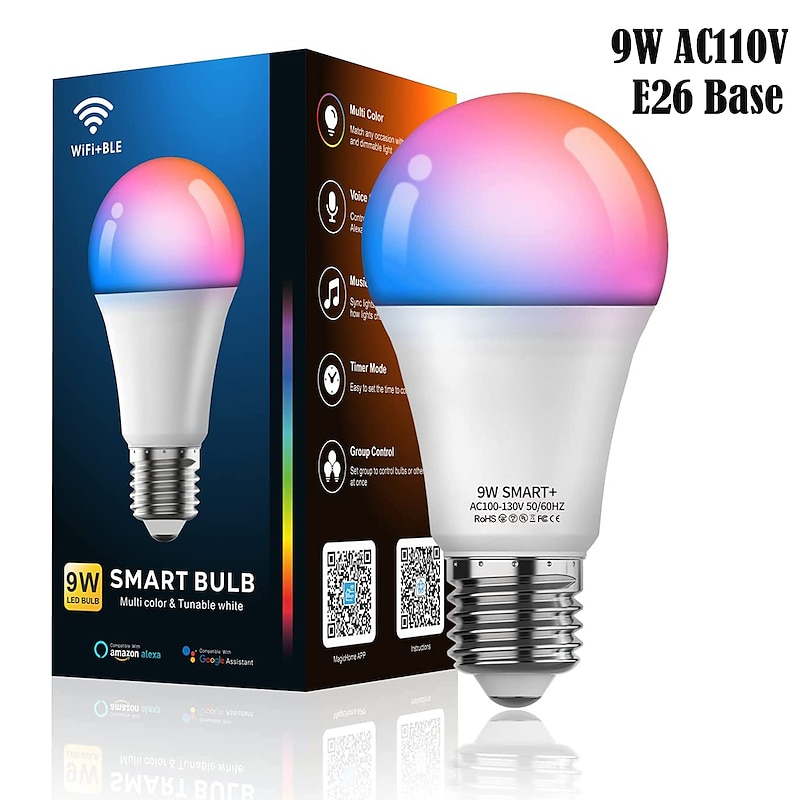 6pcs 4pcs 2pcs10W WiFi Smart LED Light Bulb Work with Alexa & Google Dimmable A19 A60 E26 E27 RGBCCT Color Changing No Hub Required4