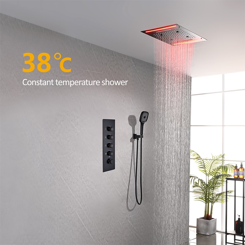 Shower Faucet,Rainfall Shower Head System / Thermostatic Mixer valve Set - Rainfall Shower Waterfall Contemporary Painted Finishes Mount Inside Brass Valve Bath Shower Mixer Taps