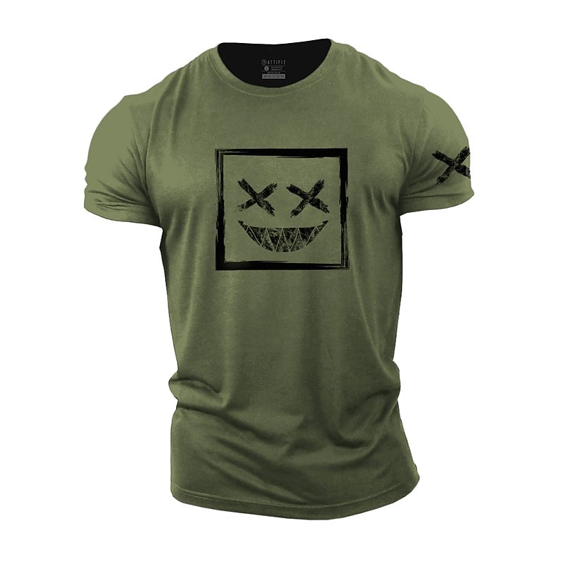 Men's T-Shirt | Short Sleeve Graphic | Edgy Distressed X-Eyes Grin Face with Sleeve Print2