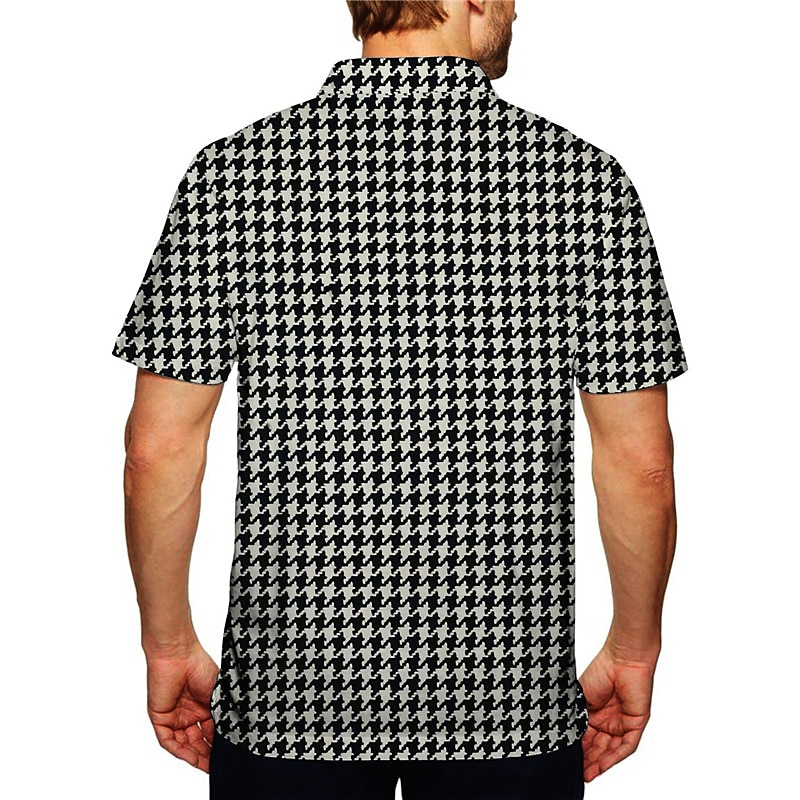 Men's Houndstooth Hawaiian Polo Shirts Golf Shirt Short Sleeve Polo Shirts Collared Shirts Casual Beach Wear Vacation Wear Party Outfits 3D Print Quarter Zip Polo Black2