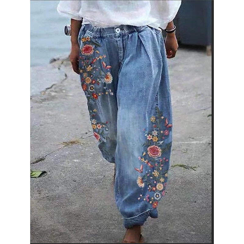 Women's Joggers Pants Trousers Baggy Faux Denim Mid Waist Fashion coastal grandma style Casual Weekend Print Micro-elastic Full Length Comfort Flower / Floral