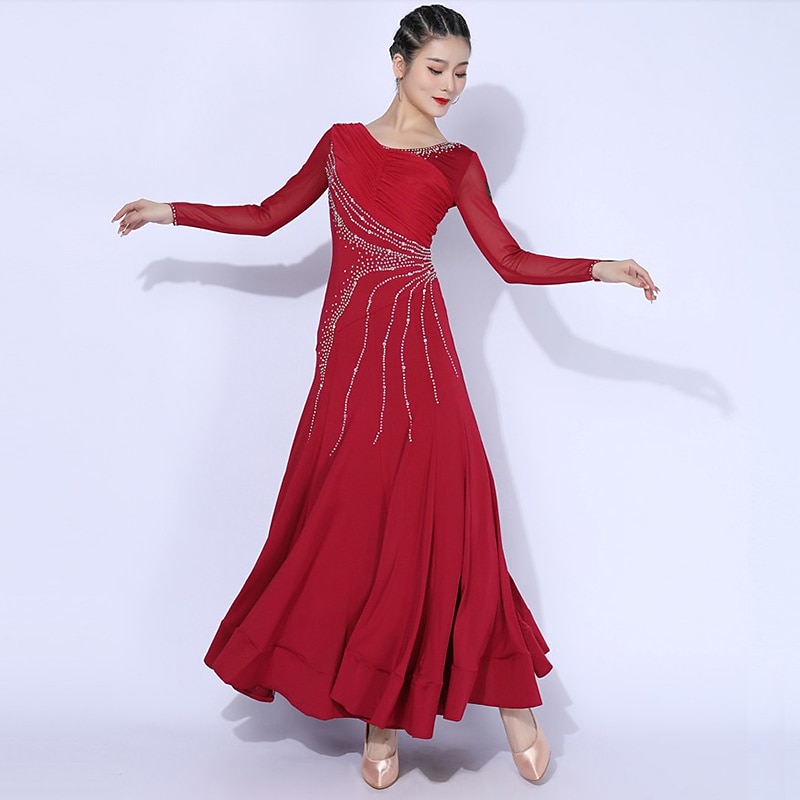 Ballroom Dance Dress Splicing Crystals / Rhinestones Women's Training Performance Long Sleeve Mesh Spandex Polyester4